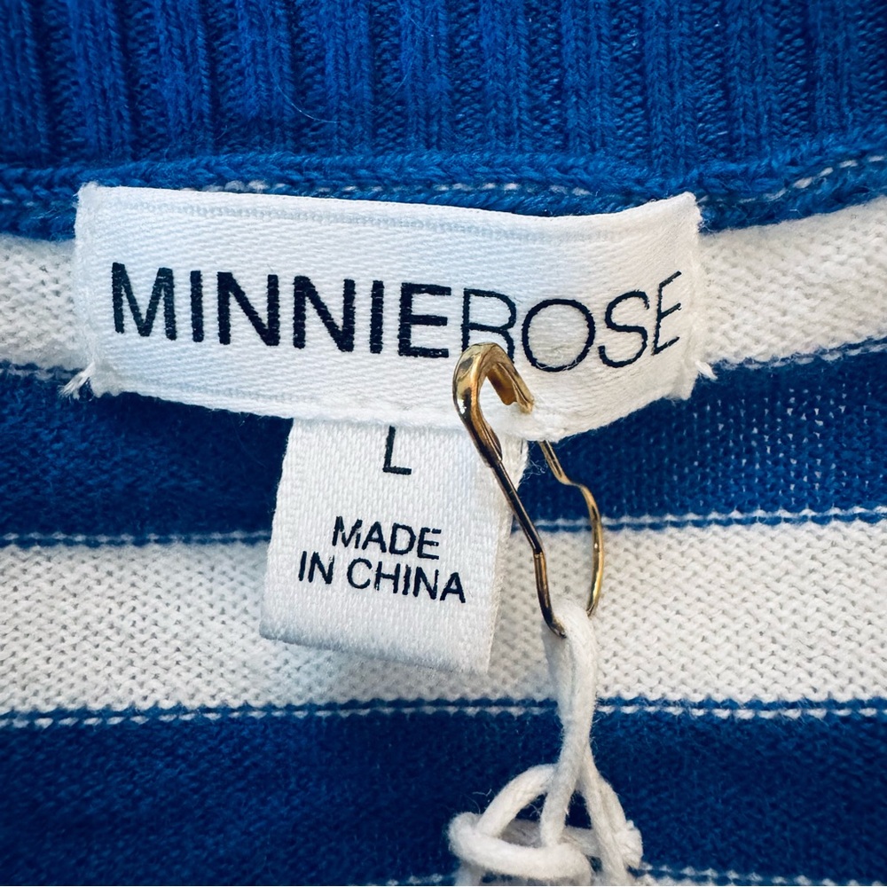 Minnie Rose Frayed Hem Striped Knit Tee Cotton Cashmere Blue White Large NWT - Picture 7 of 10